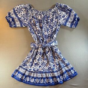 LOFT Off Shoulder Dress Blue White Floral Tie Waist Size Medium